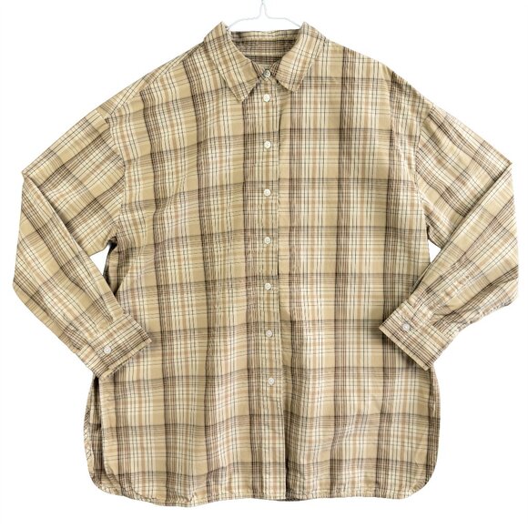 Everlane Tops - EVERLANE Supima Cotton Khaki Plaid Boyfriend Shirt, Oversized Long Sleeve, Large